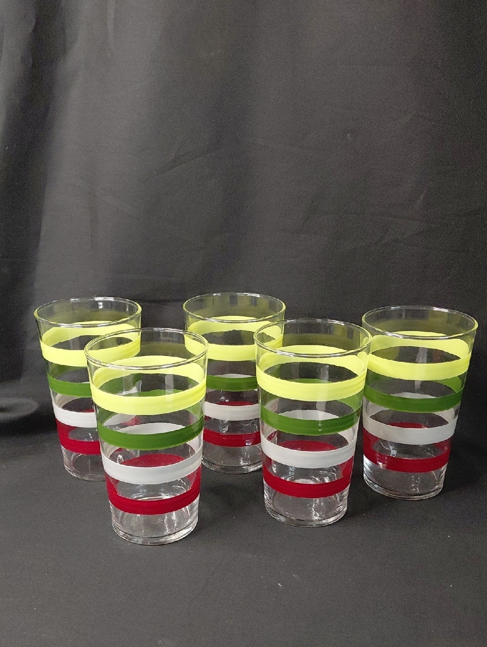 Vintage 12 Oz Striped Glass Tumblers - Set of 5 (Green, Yellow, Red, White)